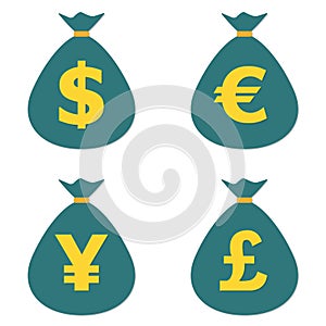 Currency symbols and money bags. Dollar, euro, yen and pound buttons. Stock and finance design elements. Vector illustration