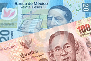Currency from Thailand close up with money from Mexico