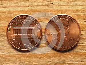 Currency of the USA 1 cent coin, obverse showing Lincoln portrai