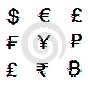 Currency vector icon set in glitch style