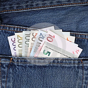 Current Euro notes in trouser pocket pickpockets