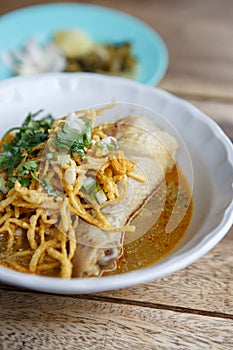 Curried chicken noodles soup famous food in Thailand