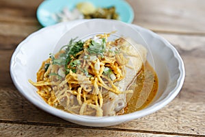 Curried chicken noodles soup famous food in Thailand