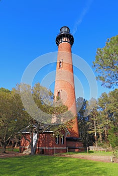The Currituck Beach Lighthouse and entryway near Corolla, North Carolina