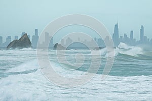 Currumbin rock with Gold Coast City as background