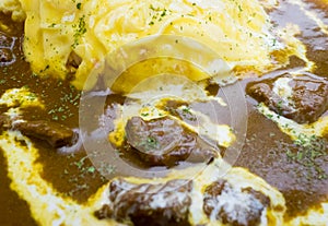 Curry Beef Rice with Omelette Scrambled Egg