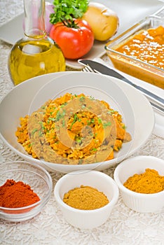 Curry beef rice and potatoes