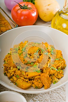 Curry beef rice and potatoes