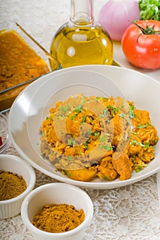 Curry beef rice and potatoes