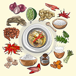 Curry Eungkot Paya Illustration & Ingredients, Indonesian Food From Aceh, Sketch Combine Vector Style photo