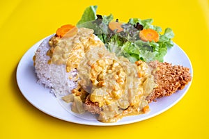 Curry fried Batter Fish with rice on plate over yellow background. Top view, flat lay