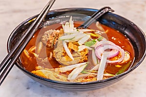 Curry Laksa, traditional spicy noodle soup in Malaysia