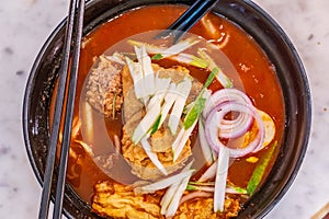 Curry Laksa, traditional spicy noodle soup in Malaysia