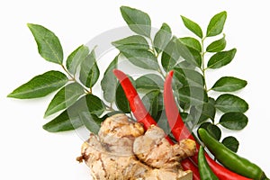 Curry leaves,ginger and red chillies