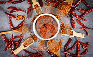 Curry paste cayenne pepper on wooden spoon spices and dried chilli peppers background - group of red hot chilli powder on black