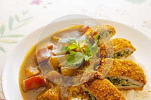 Curry pork chop rice on a european-style pastoral dinner cloth