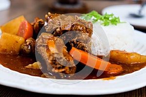 Curry pork with rice in a white plate