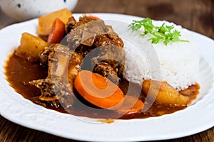 Curry pork with rice in a white plate