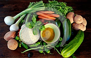 Curry, rice and vegetables photo