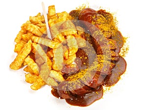 Curry Sausage with French Fries on white Background