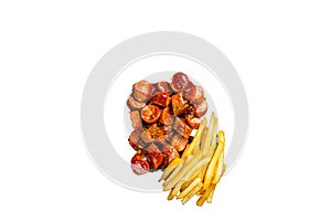 Curry wurst Sausages with French fries on a wooden board. High quality Isolate, white background.