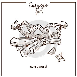 Currywurst sausage and fries sketch icon for European German food cuisine fast food menu design