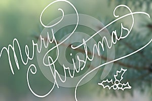 Cursive handwriting typography saying Merry Christmas on blurred blue spruce Christmas tree