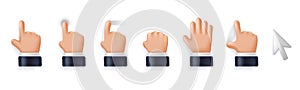 Cursor 3D icons. Touch screen interface click tap, point finger, swipe, pinch to zoom and grab hand gestures vector