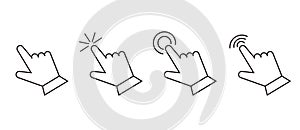 Cursor arrow hand pointer, click here mouse load symbol. Pointer cursor and loading icon. Cursors icons click set. Touch