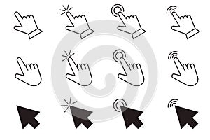 Cursor arrow pointer, click here mouse load symbol. Pointer cursor and loading icon. Cursors icons click set. Touch