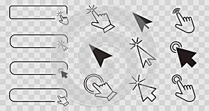 Cursor arrow pointer, click here mouse load symbol. Pointer cursor and loading icon. Cursors icons click set. Touch