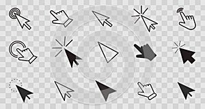 Cursor arrow pointer, click here mouse load symbol. Pointer cursor and loading icon. Cursors icons click set. Touch