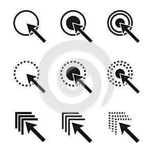 Cursor click icon. Arrow pointer graphic. Circular selection symbol. Navigation vector.