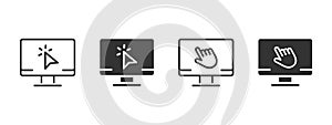 Cursor click icon. Computer screen with mouse pointer and hand interaction vector illustration. Desktop navigation and user