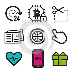 Cursor click icon. Heart beat symbol. Post card icon. smartphone 5G sign. 24h open and cryptocurrency security icons.