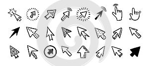 Cursor doodle icon set. Click cursor hand drawn set. Isolated mouse cursor