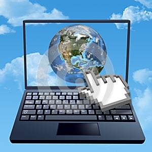 Cursor hand clicks internet cloud world