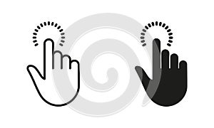 Cursor Hand of Computer Mouse Line and Silhouette Black Icon Set. Pointer Finger Pictogram. Tap, Touch, Point, Click