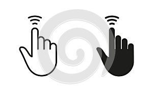 Cursor Hand, Computer Mouse Swipe Up Line and Silhouette Black Icon Set. Pointer Finger Pictogram. Press, Tap, Touch