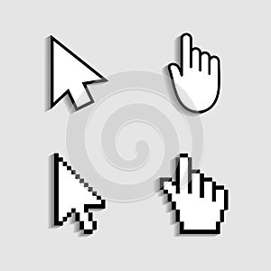 Cursor, hand icon from pixels. Pointer mouse for click. Arrow, finger for web, computer and internet navigation. Digital graphic