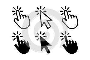 Cursor Hand Pointer and Arrow Icons Set on White Background click