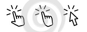 Cursor icon set. Finger pointer pictogram. Arrow click symbol. Hand touch or press icon. Web or app interface outline vector