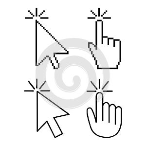 Cursor icon set. Pixel cursor. Vector cursor. Arrow and mouse, mouse click cursor, arrow and hand pointer