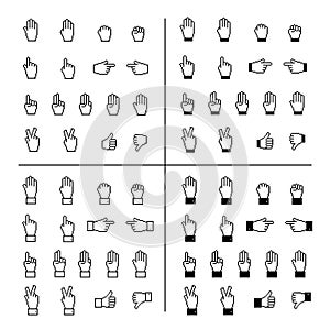 Web cursor icon set. Vector pixel hand cursor. Classic web element. Mouse cursor. Hand pointers. Pixel mouse indicators. Pixel art