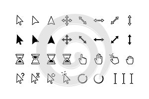 Cursor icons. Classic pointer arrows, hourglass and hands with click hold and point state, computer mouse web buttons photo