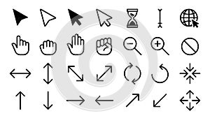 Cursor icons. Web internet scale arrow clicking computer pointer, hand mouse cursors. Static and dynamic click cursor