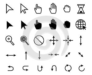 Cursor icons. Web pointer clicking, scale arrow and magnifier icon. Grab hand, pointing arrows and hourglass loading