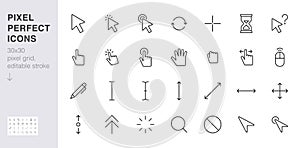 Cursor line icon set. mouse click, hand tap, arrow pointer, type here, scroll, hourglass, finger minimal vector