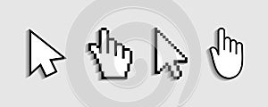 Cursor of mouse pointer for click. Hand icon from pixels. Arrow, finger for web, computer and internet navigation. Digital graphic