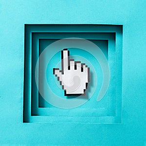 Cursor pixel mouse finger in the frame. Minimal concept symbol of computer technology and search